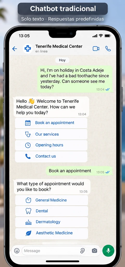 Chatbot tradicional: el paciente pide cita para hoy y recibe menús de opciones.