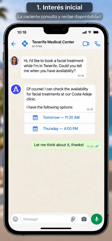 La paciente pide disponibilidad para un tratamiento facial y deja la conversación pendiente.