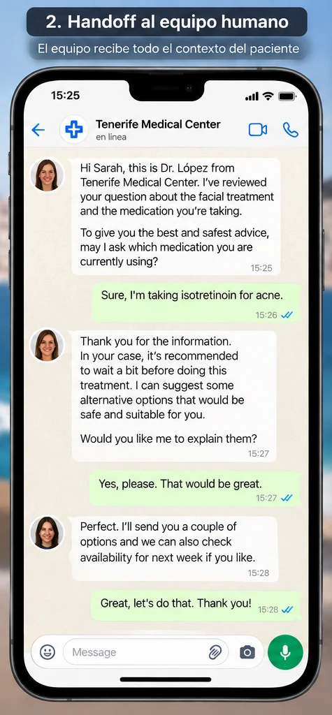 Un profesional del equipo clínico continúa la conversación con el contexto completo.